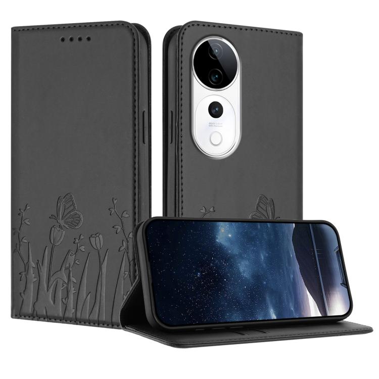 Magnetic vegan leather phone case, black with tulip-and-butterfly pattern, flip cover