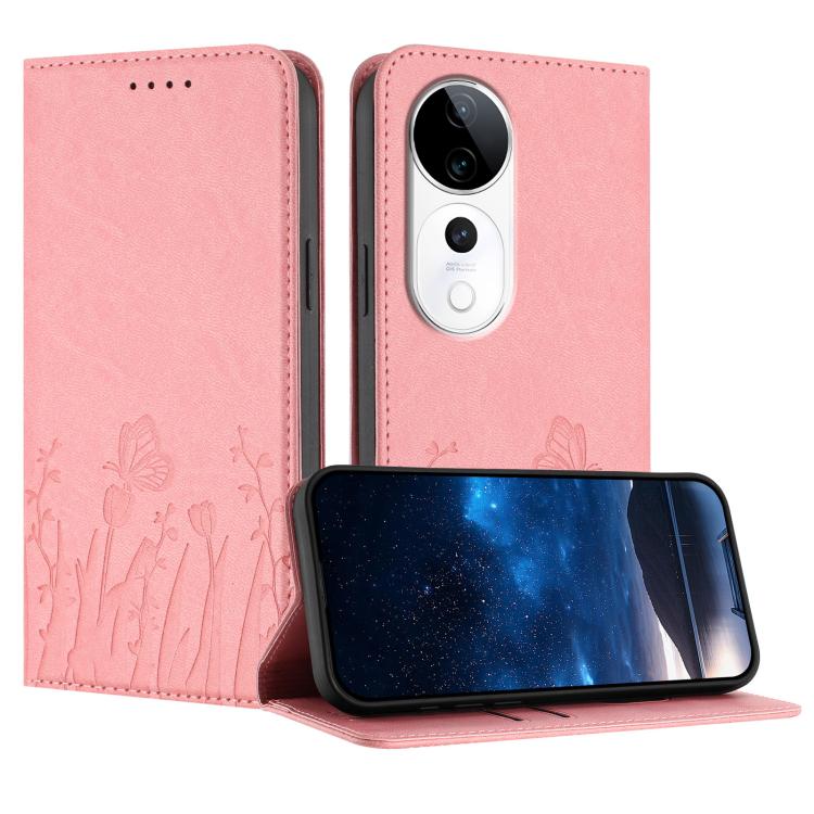Magnetic vegan leather phone case, pink with tulip-and-butterfly pattern, flip cover