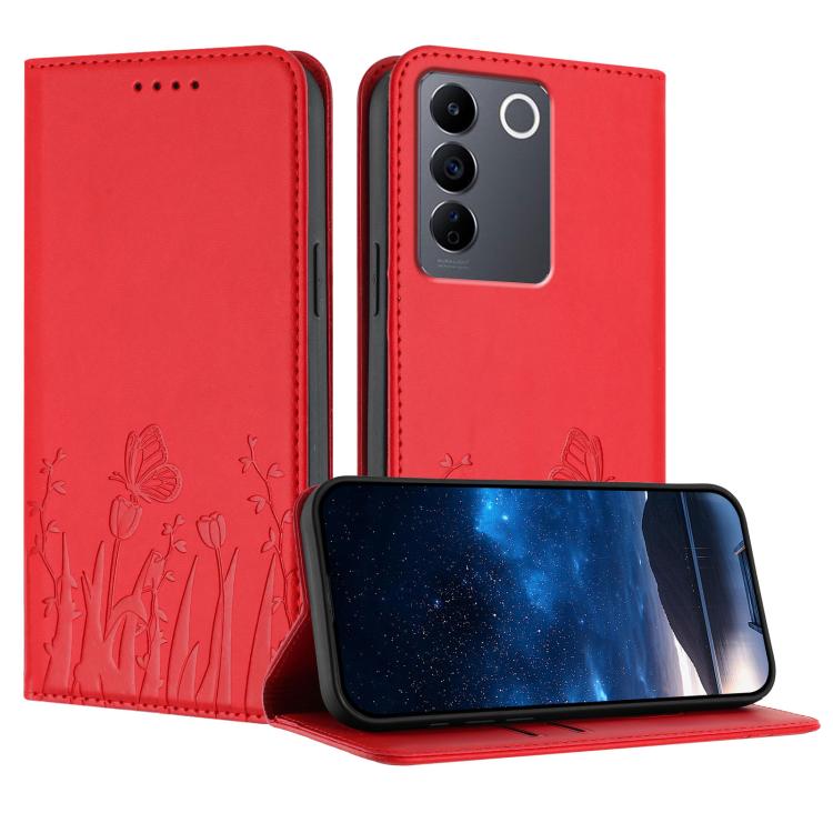 Magnetic vegan leather phone case, red with butterfly and tulip pattern