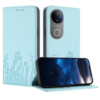 Light blue magnetic vegan leather phone case with tulip and butterfly pattern, flip cover.