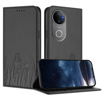 Magnetic vegan leather phone case in dark gray with tulip and butterfly pattern folio