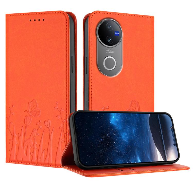 Magnetic vegan leather phone case in orange with tulip and butterfly pattern folio