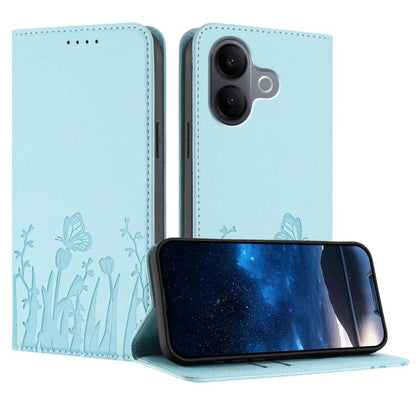 Light blue magnetic phone folio case with butterfly and tulip pattern, card slots, camera cutout