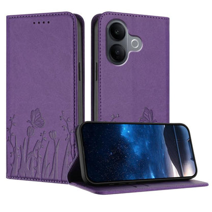 Magnetic vegan leather phone case with tulip-butterfly pattern, purple folio