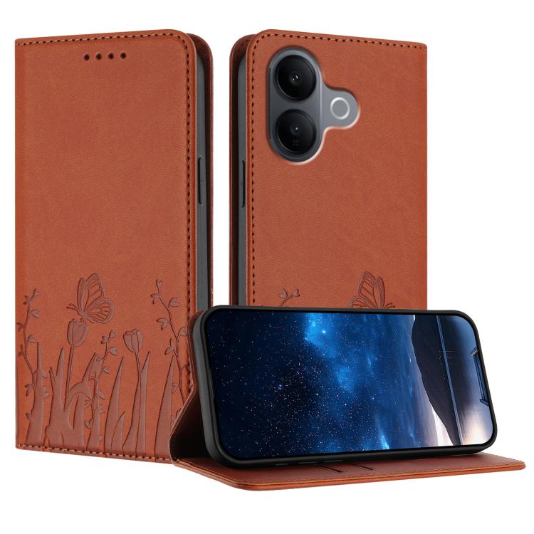 Magnetic vegan leather phone case with tulip-butterfly pattern, orange folio