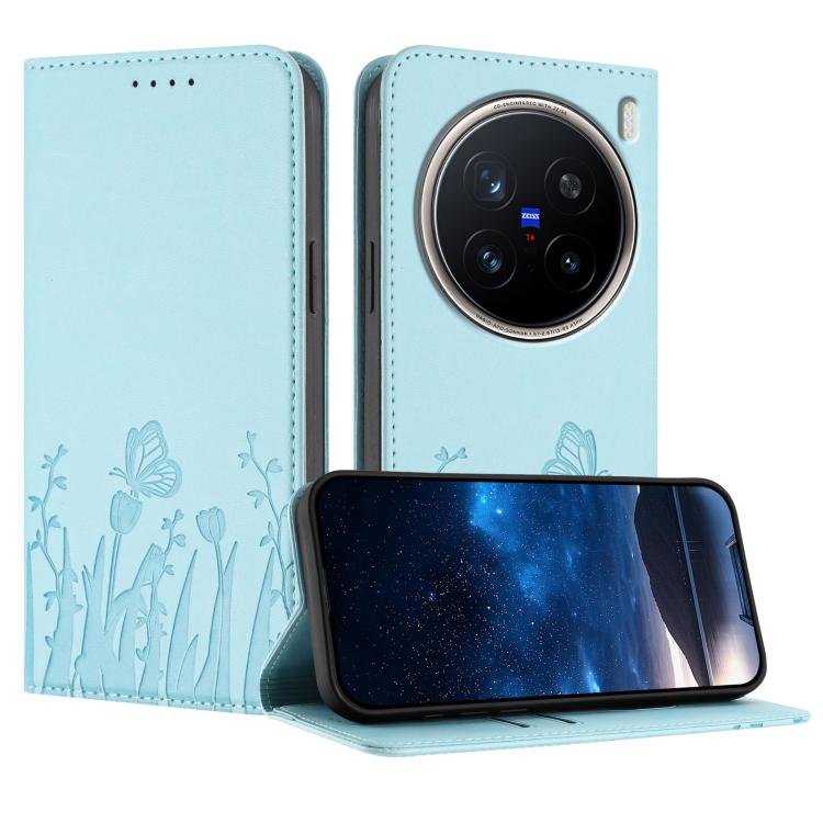 Light blue magnetic vegan leather phone case with tulip and butterfly pattern, flip cover.