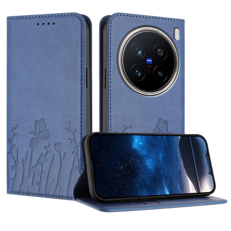 Royal blue magnetic vegan leather phone case with tulip and butterfly pattern, flip cover.