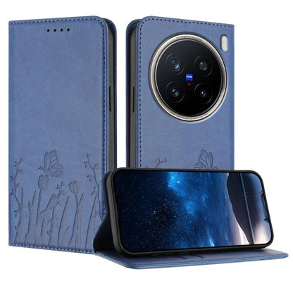 Royal blue magnetic vegan leather phone case with tulip and butterfly pattern, flip cover.