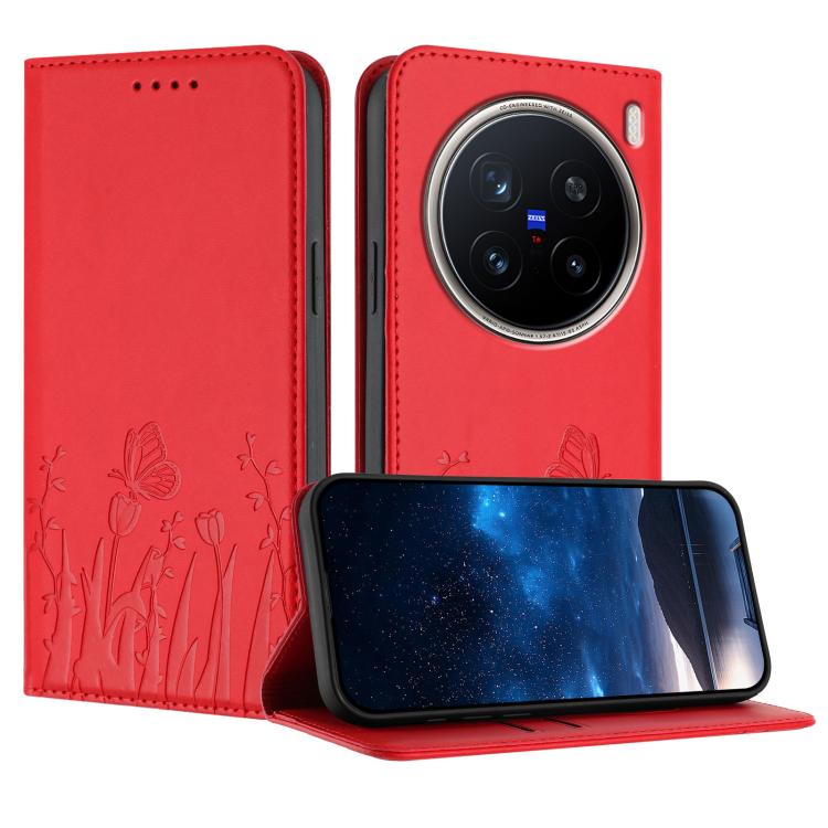 Red magnetic vegan leather phone case with tulip and butterfly pattern, flip cover.