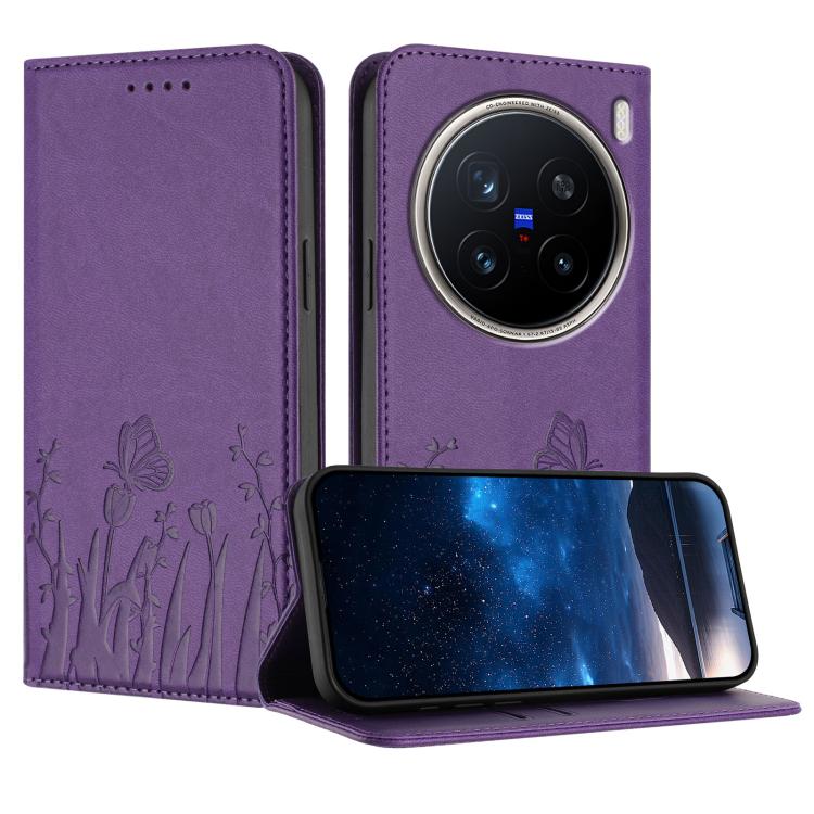 Purple magnetic vegan leather phone case with tulip and butterfly pattern, flip cover