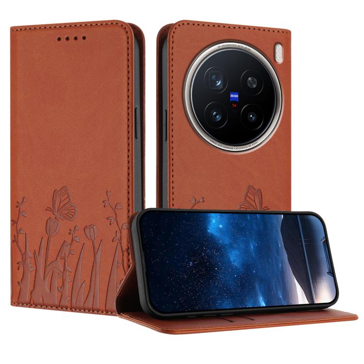 Orange magnetic vegan leather phone case with tulip and butterfly pattern, camera cutout