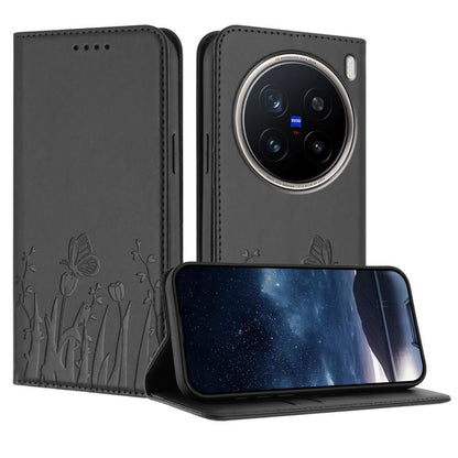 Charcoal magnetic vegan leather phone case with tulip and butterfly pattern, front flip cover