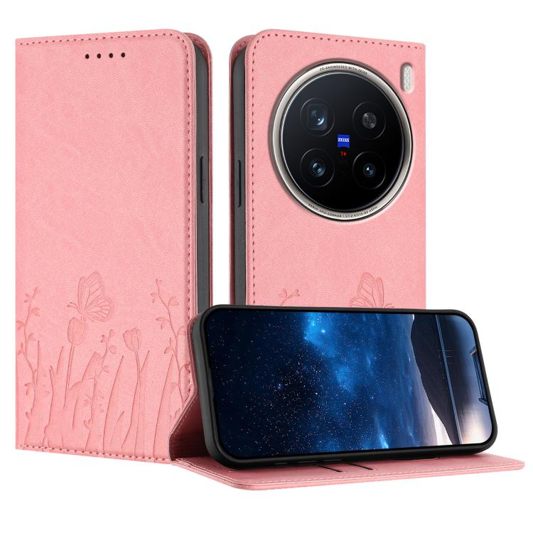 Light pink magnetic vegan leather phone case with tulip and butterfly pattern, flip lid