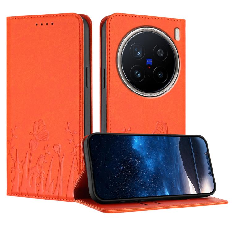 Orange magnetic vegan leather phone case with tulip and butterfly pattern, camera opening