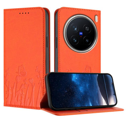 Orange magnetic vegan leather phone case with tulip and butterfly pattern, camera opening