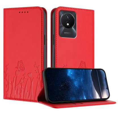 Magnetic vegan leather phone case with tulip and butterfly pattern, red.