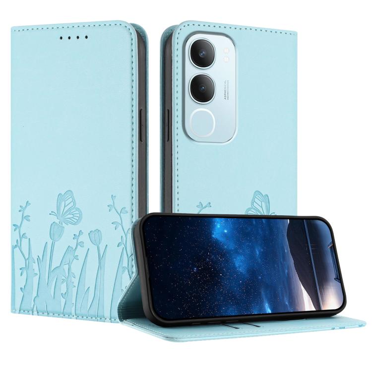 Magnetic vegan leather phone case in light blue with tulip and butterfly pattern folio