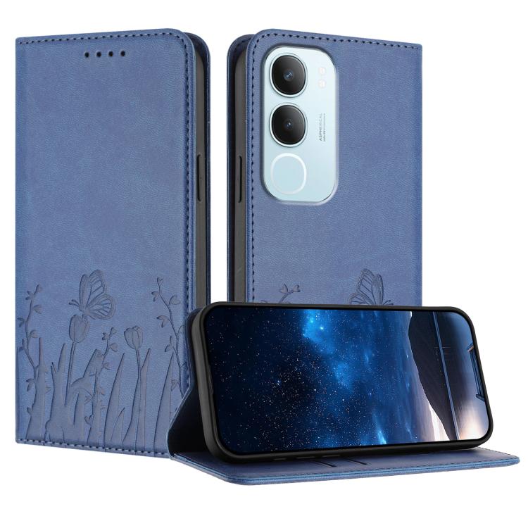 Magnetic vegan leather phone case in slate blue with tulip and butterfly pattern folio