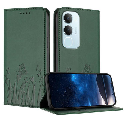 Magnetic vegan leather phone case, dark green tulip and butterfly pattern with flip cover