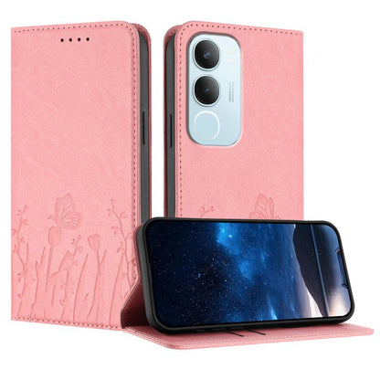 Magnetic vegan leather phone case, light pink tulip and butterfly pattern with flip cover