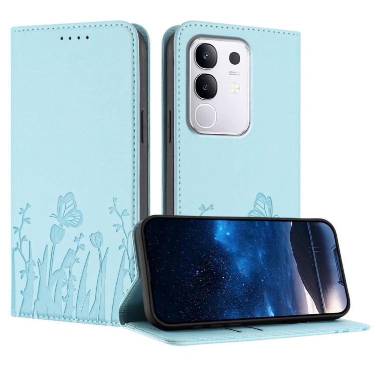 Magnetic vegan leather phone case with tulip-and-butterfly pattern, light blue flip cover