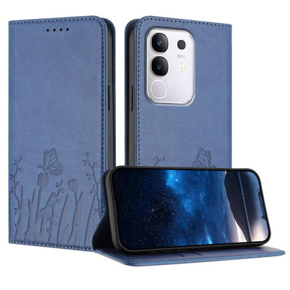 Magnetic vegan leather phone case with tulip-and-butterfly pattern, blue flip cover