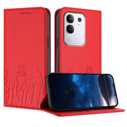Magnetic vegan leather phone case with tulip-and-butterfly pattern, red flip cover