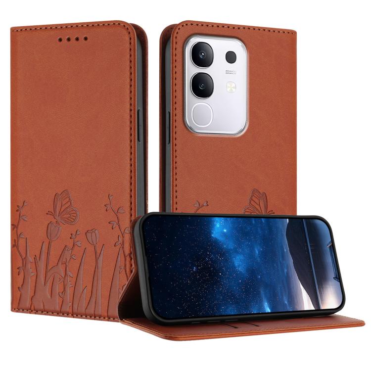 Orange magnetic vegan leather phone case with tulip and butterfly pattern, flip cover.