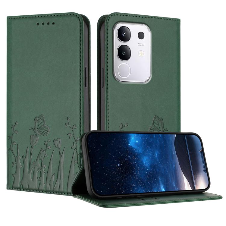 Dark green magnetic vegan leather phone case with tulip and butterfly pattern, flip cover.