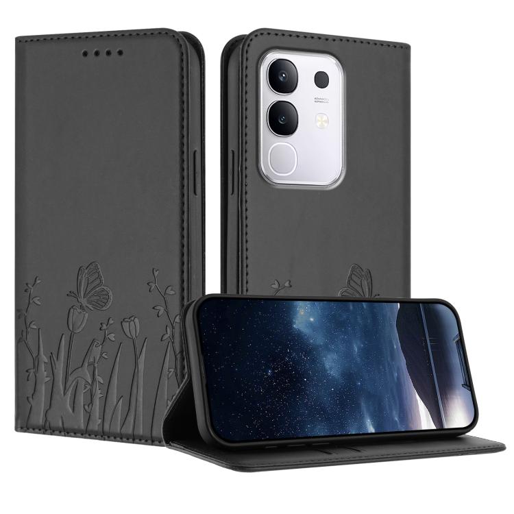 Black magnetic vegan leather phone case with tulip and butterfly pattern, flip cover.