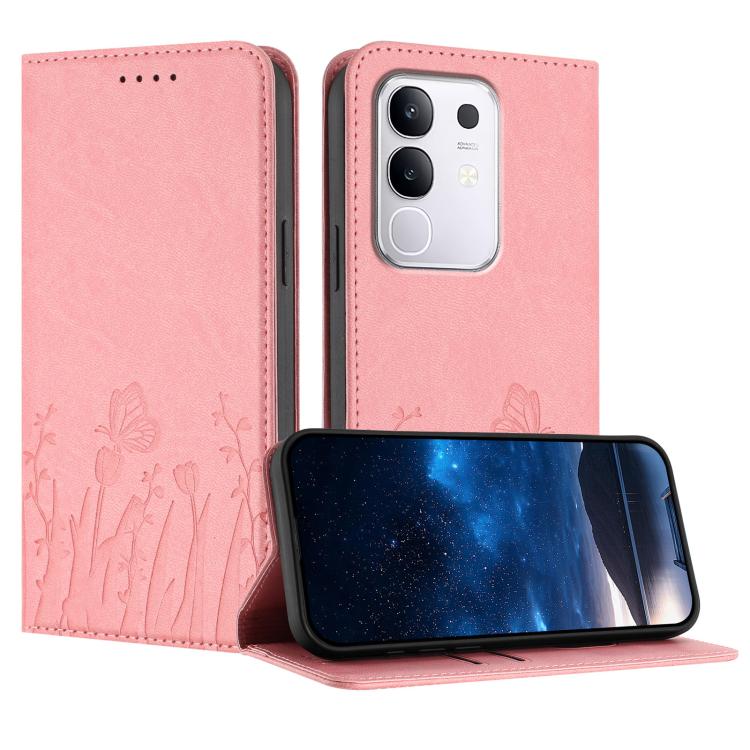 Light pink magnetic vegan leather phone case with tulip and butterfly pattern, flip cover.