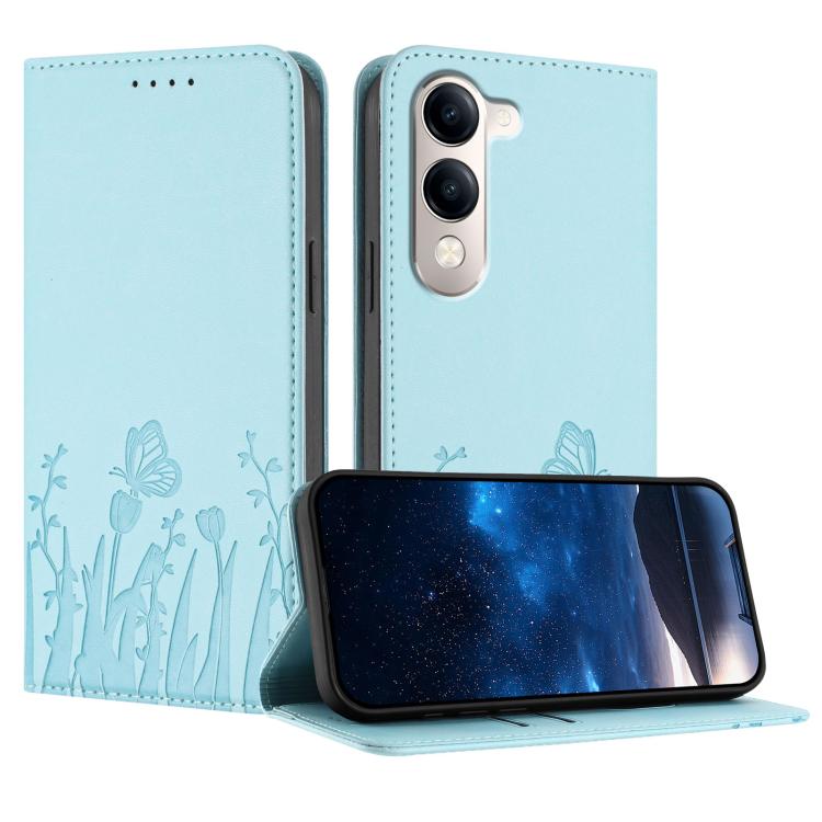 Light blue magnetic folio phone case with tulip and butterfly pattern, leather-style finish