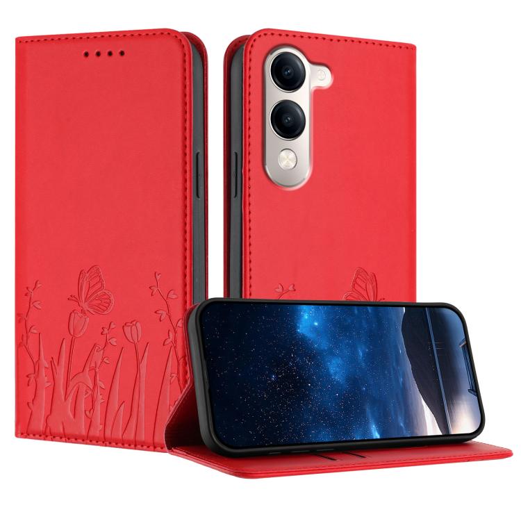 Red magnetic folio phone case with tulip and butterfly pattern, front flap closed