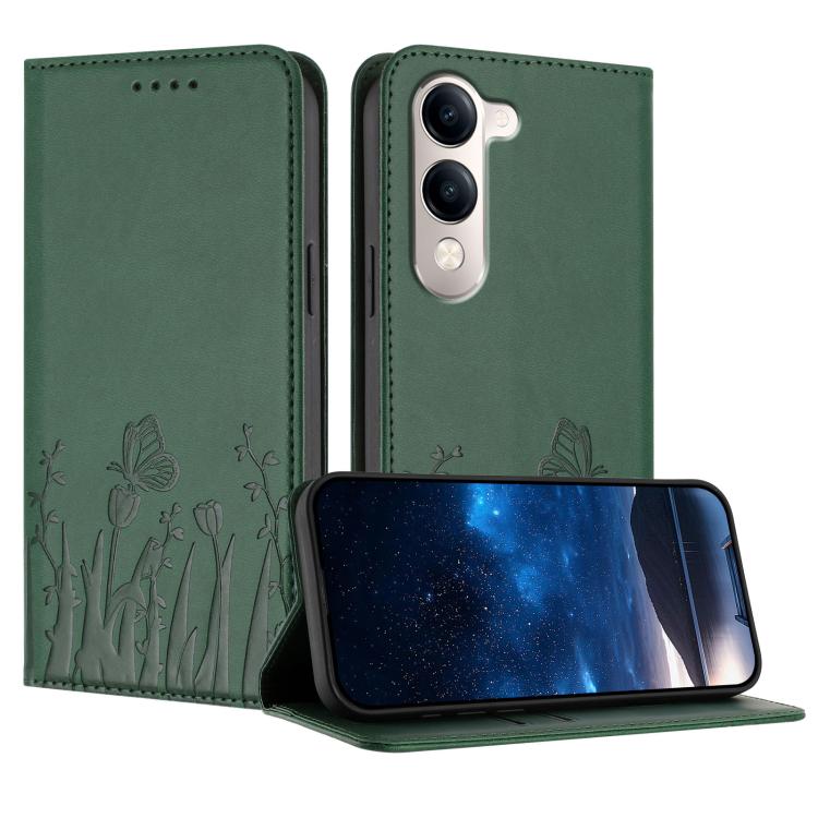 Magnetic vegan leather phone case with tulip-and-butterfly pattern, dark green flip cover
