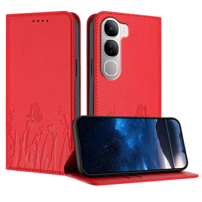 Magnetic vegan leather phone case with tulip-butterfly pattern, red folio