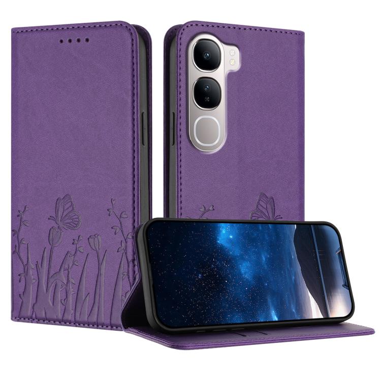 Magnetic phone folio case in purple with tulip and butterfly pattern; folding stand flap.