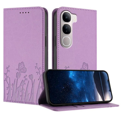 Magnetic phone folio case in light purple with tulip and butterfly pattern; folding stand flap.