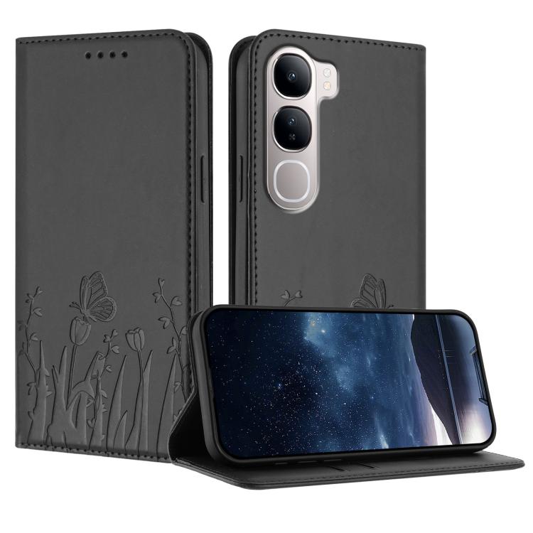 Magnetic phone folio case in dark gray/black with tulip and butterfly pattern; folding stand flap.