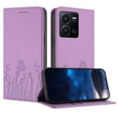 Magnetic vegan leather phone case, light purple folio with butterfly and tulip pattern