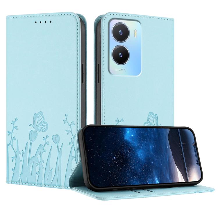 Light blue magnetic vegan leather phone case, tulip & butterfly flip cover.