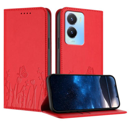 Red magnetic vegan leather phone case, tulip & butterfly flip cover.