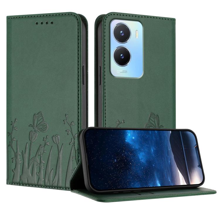 Magnetic vegan leather phone case with tulip and butterfly pattern, dark green flip cover
