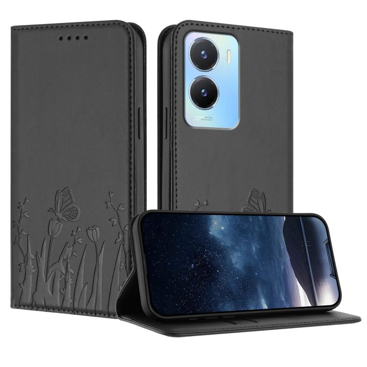 Magnetic vegan leather phone case with tulip and butterfly pattern, dark gray flip cover