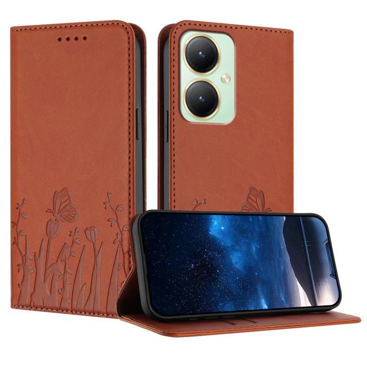 Magnetic vegan leather phone case with tulip and butterfly pattern, coffee brown.
