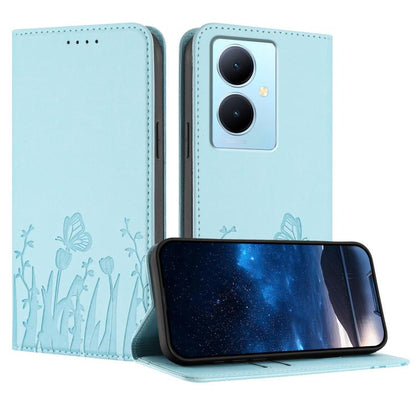 Light blue magnetic vegan leather phone case with tulip and butterfly pattern, flip cover.
