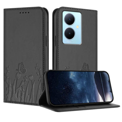 Magnetic vegan leather phone case, black with butterfly and tulip pattern