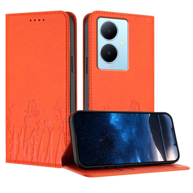 Magnetic vegan leather phone case, orange with butterfly and tulip pattern