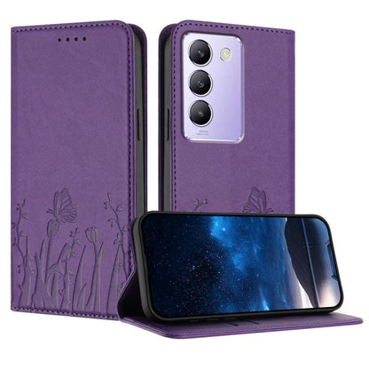 Purple tulip and butterfly magnetic phone case with vegan leather flip cover.