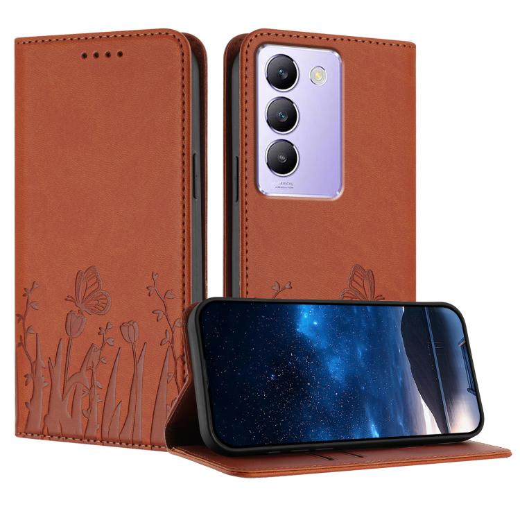 Orange tulip and butterfly magnetic phone case with vegan leather flip cover.