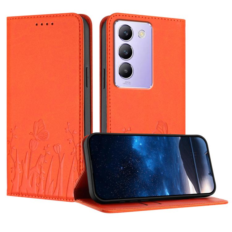 Orange tulip and butterfly magnetic phone case with vegan leather flip cover.